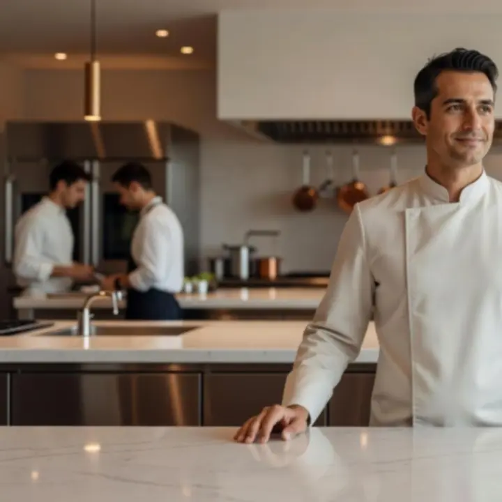 Portrait du chef ex\u00e9cutif du restaurant Gambenu et de sa brigade en cuisine
