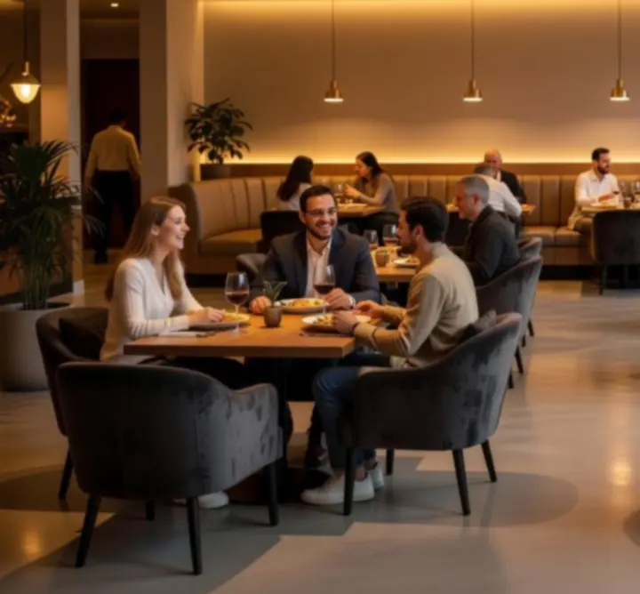 Udoban interijer Lucky Playa restorana s modernim sjedećim mjestima i toplom rasvjetom.