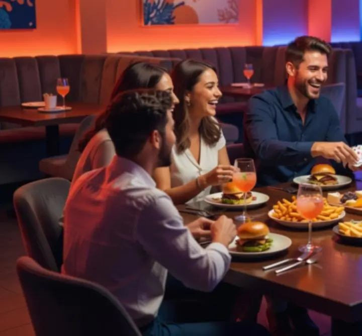Grupa prijatelja dijeli hranu i koktele u lounge zoni Lucky Playa.
