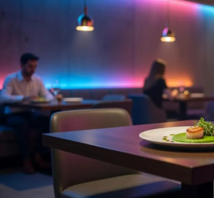 Elegantno servirana jela u Lucky Playa restoranu s modernim interijerom u pozadini.