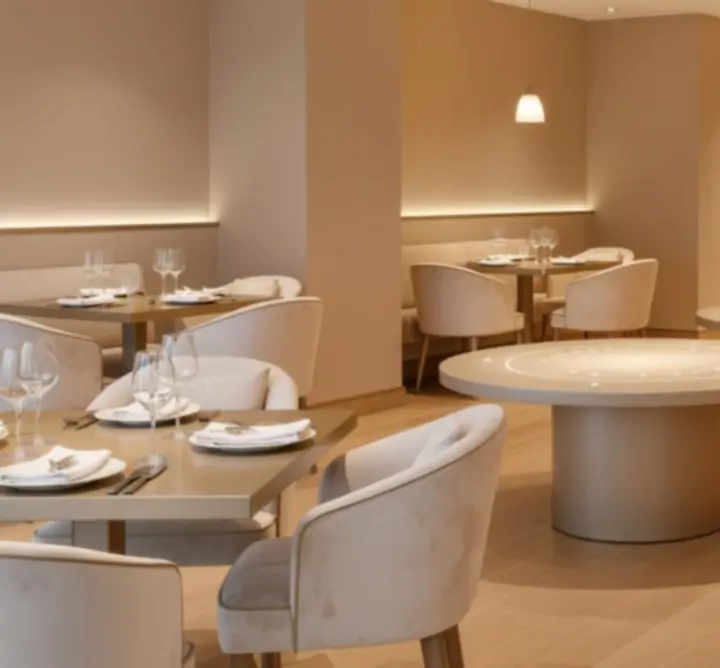 Int\u00e9rieur \u00e9l\u00e9gant du restaurant Gambenu avec lumi\u00e8re d'ambiance et tables raffin\u00e9es