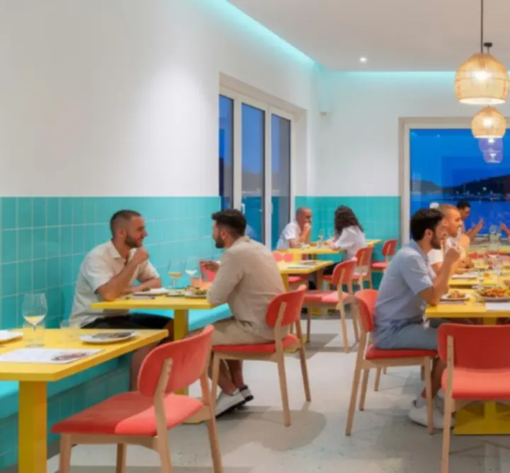 Moderan interijer restorana Lucky Playa sa svijetlim bojama i društvenom atmosferom