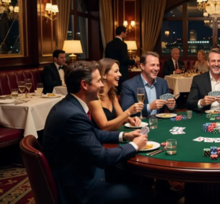 Invités rassemblés autour d'une table de jeux sociaux dans une atmosphère feutrée