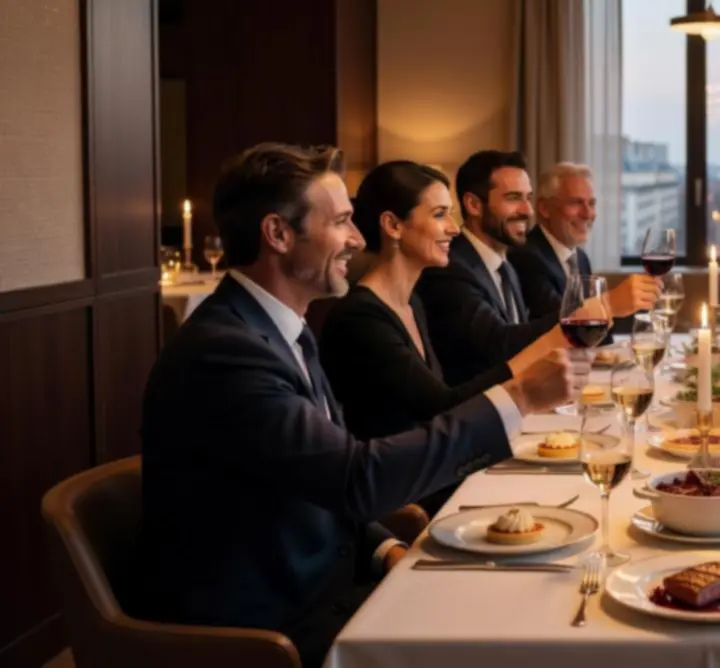 Table d’amis partageant un dîner chic dans une atmosphère conviviale chez Gambenu.