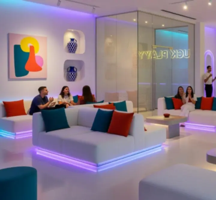 Svijetao, moderno uređen interijer Lucky Playa restorana s lounge zonom i društvenim stolovima